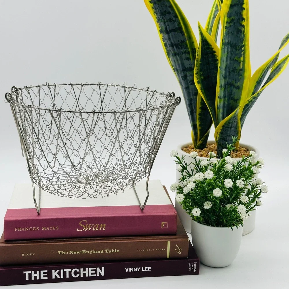 Vintage Wire Mesh Egg Basket Collapsible Silver Metal Kitchen Decor